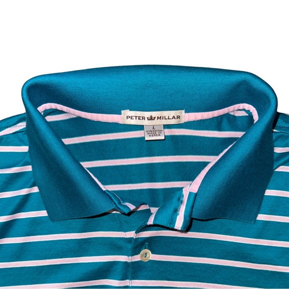 Peter Millar Crown Teal Pink Striped Polo w Contrast Collar - Picture 4 of 11